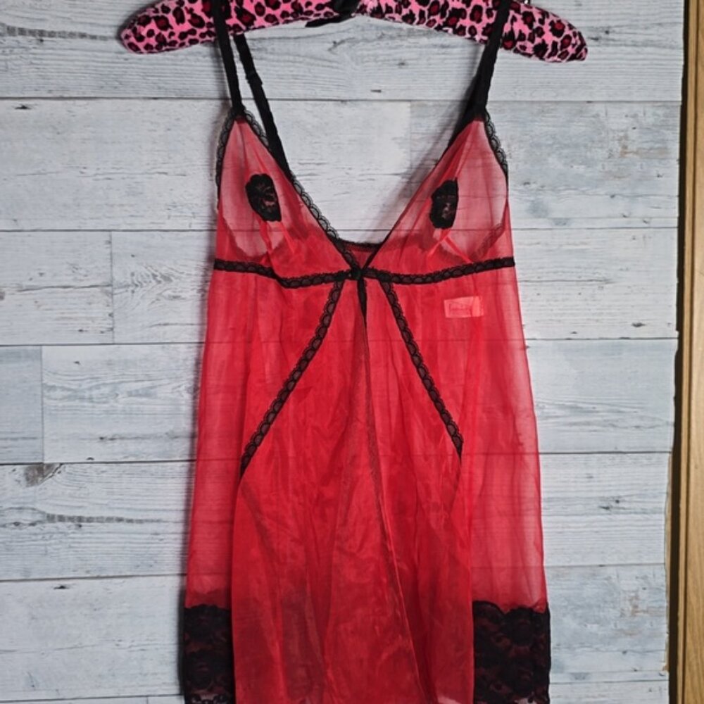 Vintage Frederick's of Hollywood Red Black Sheer Open Front Babydoll Top Size M